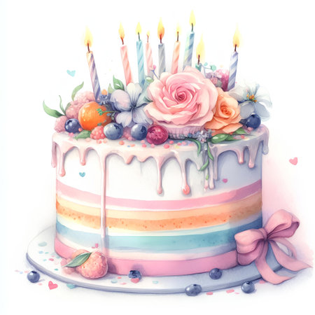 Beautiful birthday cake with candles and flowers. Watercolor illustration.の素材