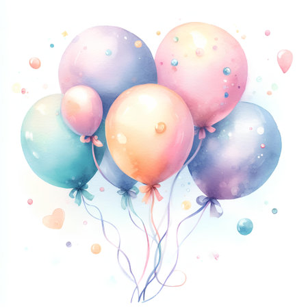 Watercolor background with colorful balloons and confetti. Vector illustration.の素材