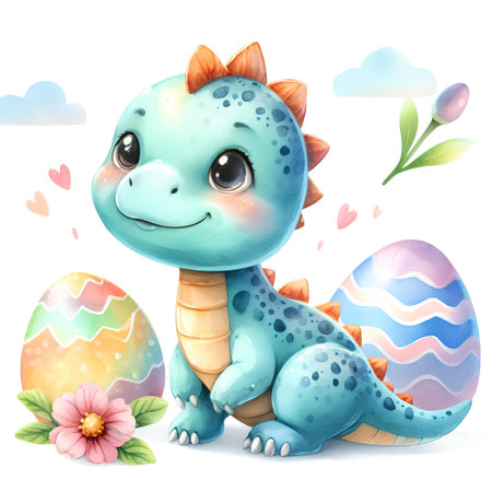 Cute cartoon dinosaur with eggs and flowers on a white background.の素材