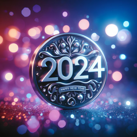 New Year's card 2024 with blue bokeh background. 3D illustration.の素材