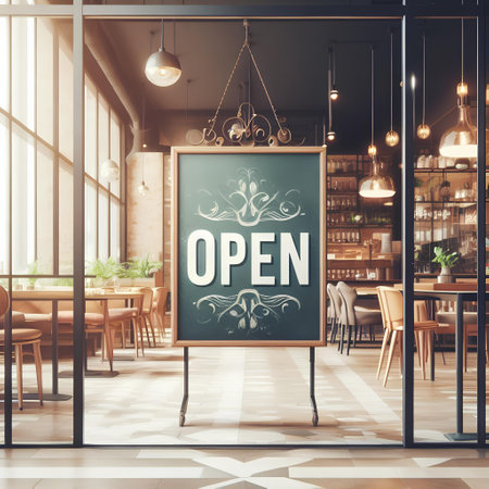 Blackboard with open sign in cafe interior. Mock up, 3D Renderingの素材