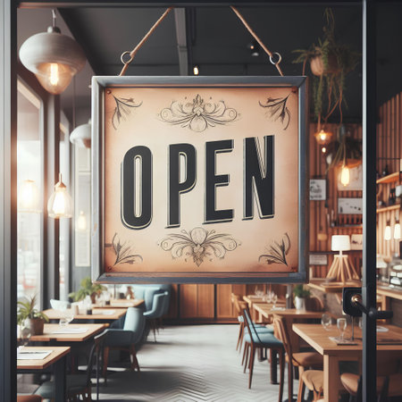 Open signboard in cafe. Signboard with open text. Business conceptの素材