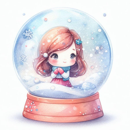 Cute girl in snow globe. Watercolor hand drawn illustration.の素材