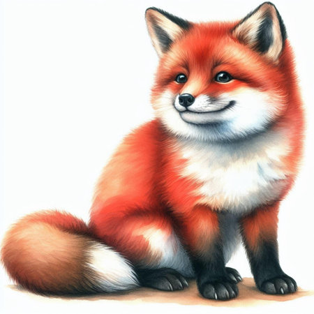 Cute red fox sitting on a white background. Digital painting.の素材