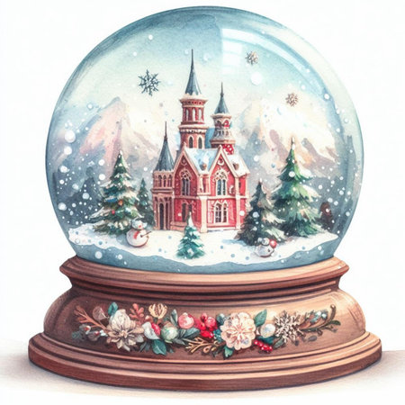 Snow globe with christmas trees and snowflakes on white backgroundの素材