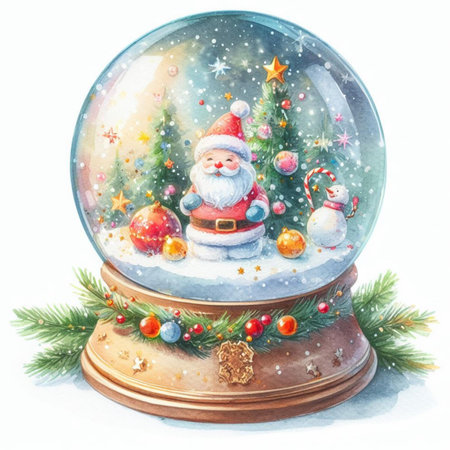 Watercolor illustration of a snow globe with Santa Claus and Christmas decorationsの素材