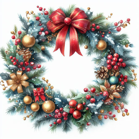 Christmas wreath with red bow and pine branches. Watercolor illustrationの素材