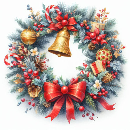 Watercolor Christmas wreath with red ribbon, bow, bells, pine cones and berries. Hand painted illustration.の素材