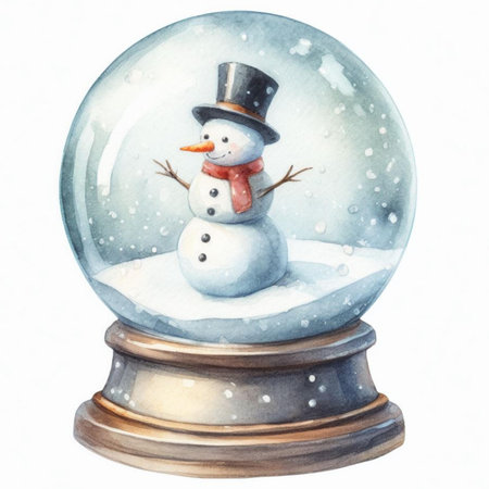 Snowman in a snow globe. Watercolor illustration on white background.の素材
