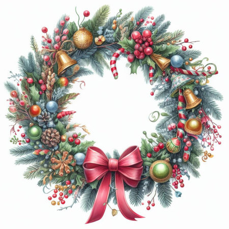 Christmas wreath with fir branches, pine cones, holly berries, mistletoe, red bow isolated on white background. Watercolor hand drawn illustrationの素材