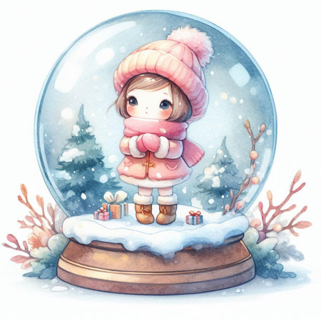 Watercolor illustration of a cute little girl in a snow globe.の素材