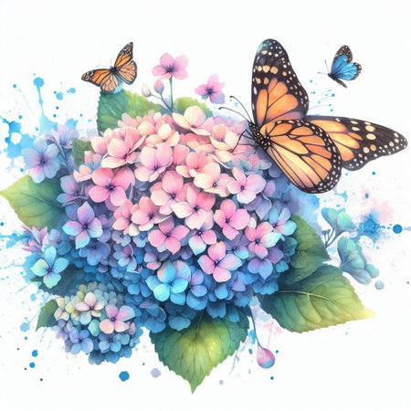 Hydrangea, hydrangea and butterfly watercolor illustration.の素材