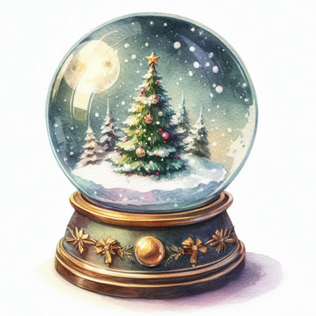 Watercolor illustration of a snow globe with a Christmas tree inside.の素材