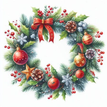 Christmas wreath with fir branches, berries, pine cones and red bows. Watercolor illustrationの素材
