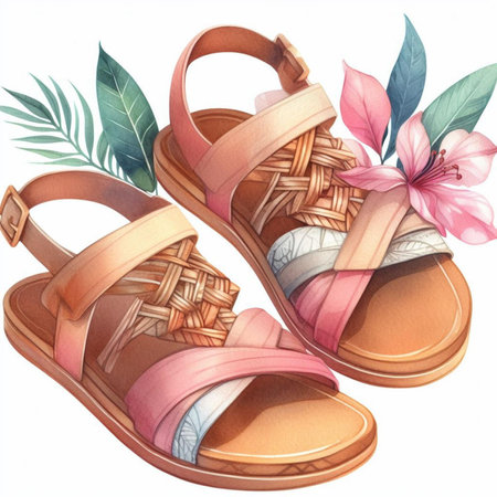 Beautiful watercolor illustration of a pair of summer sandals.の素材