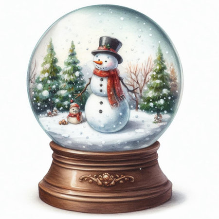 Snow globe with snowman and pine trees on a white background.の素材