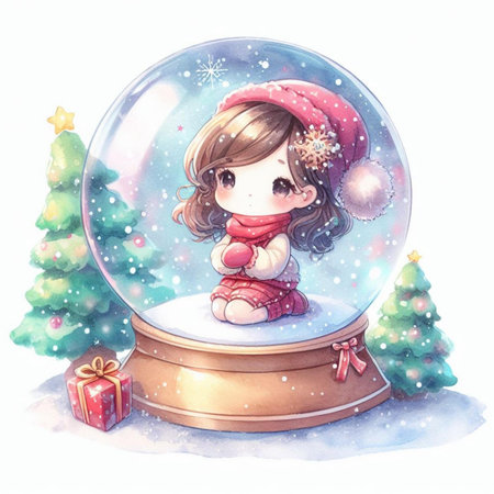 Little girl in snow globe. Watercolor illustration isolated on white background.の素材