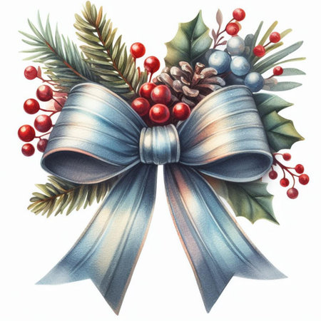 Watercolor Christmas bow isolated on white background. Hand painted illustration.の素材