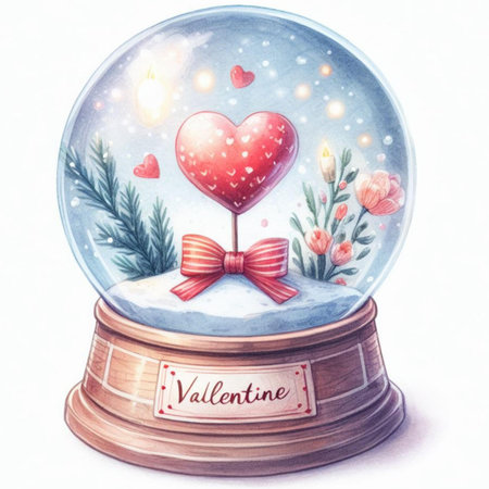 Watercolor illustration of a glass snow globe with a red heart in the snow.の素材