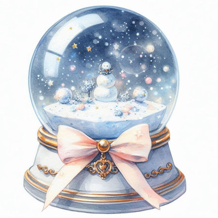 Watercolor illustration of a snow globe with christmas trees, snowflakes and stars.の素材