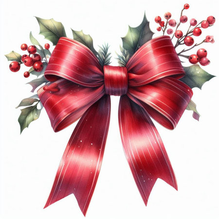 Christmas bow with holly berry. Watercolor illustration. Isolated on white background.の素材