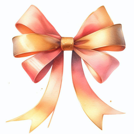 Watercolor hand painted pink and golden bow isolated on white background.の素材