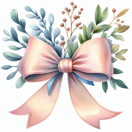 Beautiful vector image with nice watercolor bow and eucalyptus branchesの素材