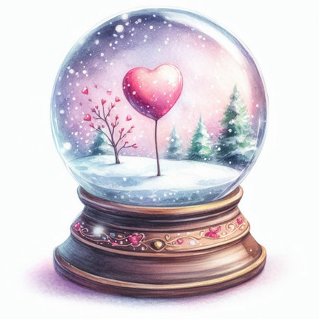 Snow globe with heart and tree inside. Watercolor illustration on white background.の素材