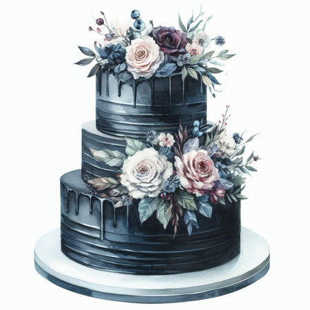 Black wedding cake decorated with flowers. Isolated on white background.の素材