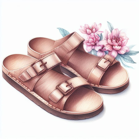 Watercolor illustration of a pair of brown sandals with a flower.の素材