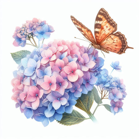 Hydrangea and butterfly isolated on white background. Watercolor illustrationの素材