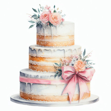 Wedding cake isolated on white background. Watercolor illustration.の素材