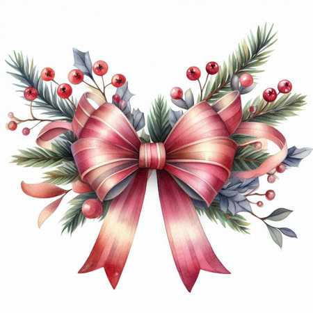 Watercolor Christmas bow with red ribbon, spruce branches, berries. Hand painted illustration isolated on white backgroundの素材