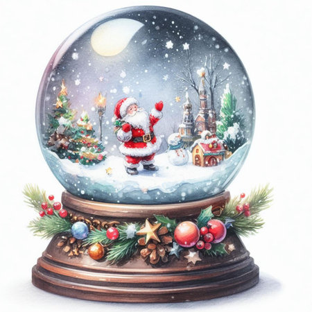 Snow globe with Santa Claus and christmas tree on white background.の素材