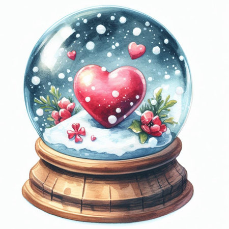 Snow globe with red heart inside. Watercolor illustration isolated on white backgroundの素材