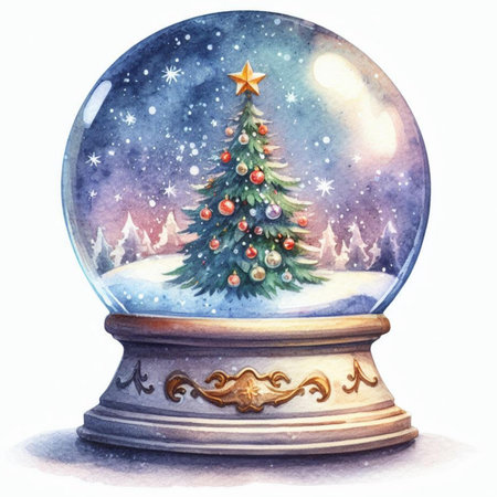 Watercolor illustration of a snow globe with a Christmas tree inside.の素材