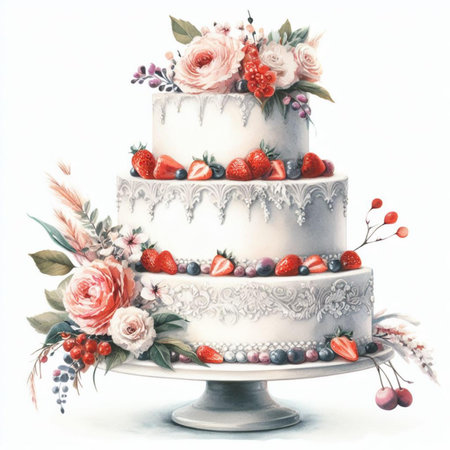 wedding cake decorated with flowers and berries on a white backgroundの素材