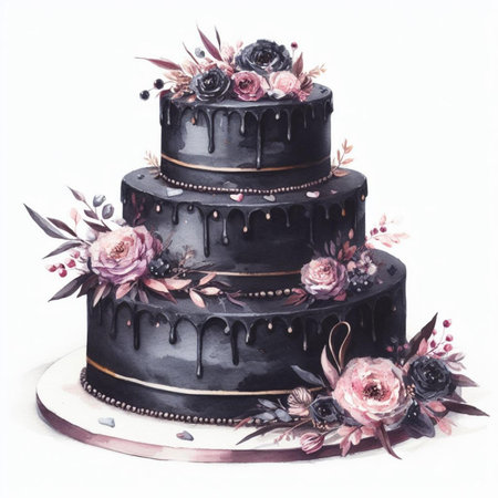 Black wedding cake decorated with flowers and leaves isolated on white background.の素材