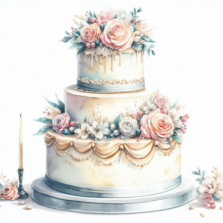 Beautiful wedding cake with flowers on a white background. Watercolorの素材