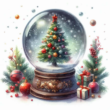 Watercolor illustration of a snow globe with a Christmas tree and giftsの素材