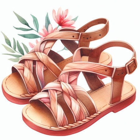 Watercolor illustration of a pair of sandals on a white backgroundの素材