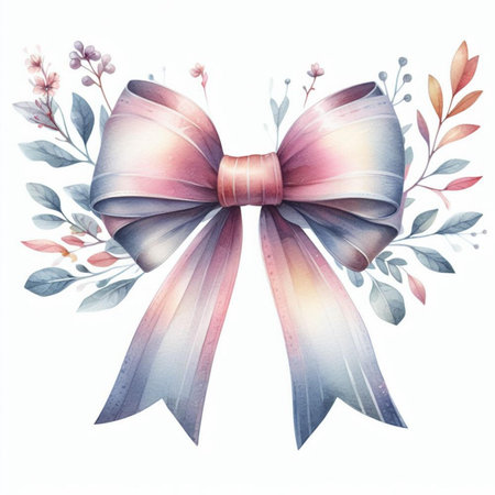 Watercolor bow with floral elements. Hand painted illustration isolated on white backgroundの素材