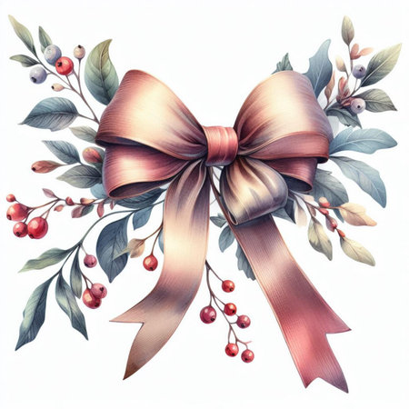 Gift bow with berries isolated on white background. Watercolor illustration.の素材