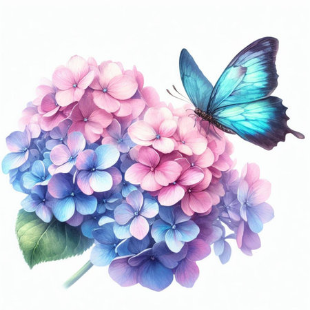 Blue hydrangea and butterfly isolated on white background. Watercolor illustrationの素材