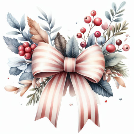 Watercolor christmas bouquet with bow and berries. Hand drawn illustrationの素材