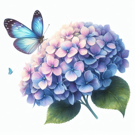 Blue hydrangea and butterfly isolated on white background. Watercolor illustration.の素材
