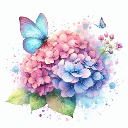 Watercolor hydrangea flowers and butterfly, hand drawn illustrationの素材
