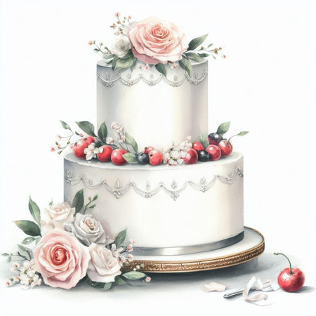 Beautiful wedding cake with roses and cherries, watercolor illustrationの素材