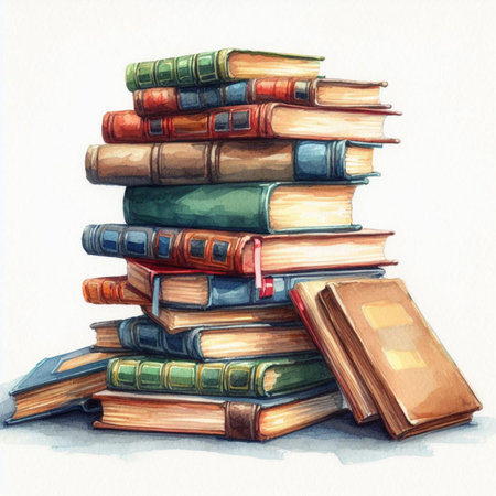 Pile of books isolated on white background. Watercolor hand drawn illustrationの素材