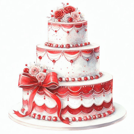 Beautiful wedding cake with red ribbons. Watercolor illustration.の素材